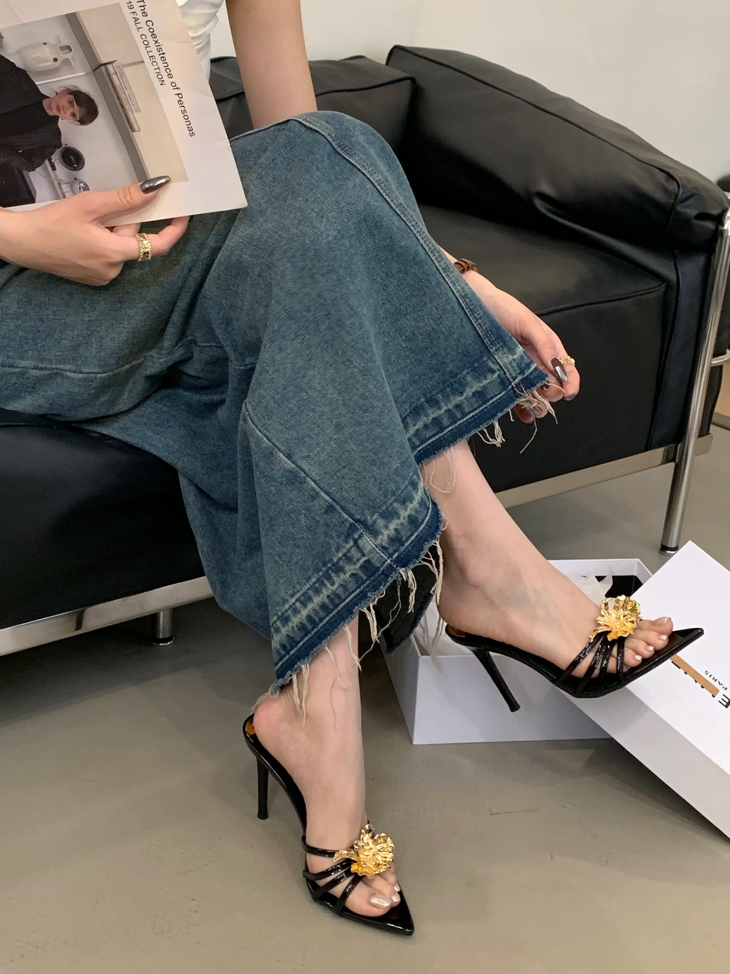 Metal look Flower Open Toe Mule High Heel Sandals