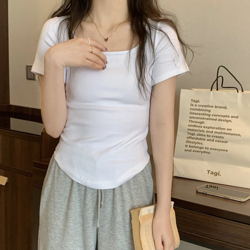 Women Long Sleeve Square Neck Top Short Sleeve White