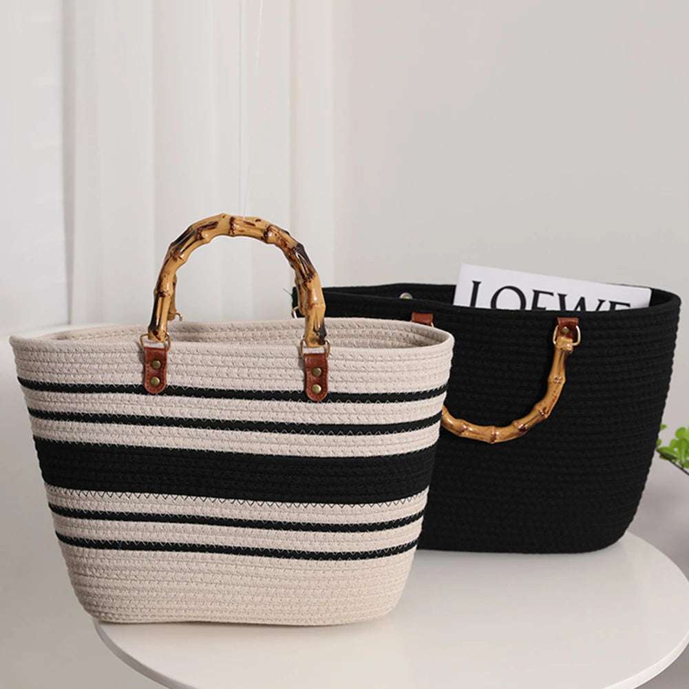 Woven tote Summer Beach Bag with Bamboo style Handle