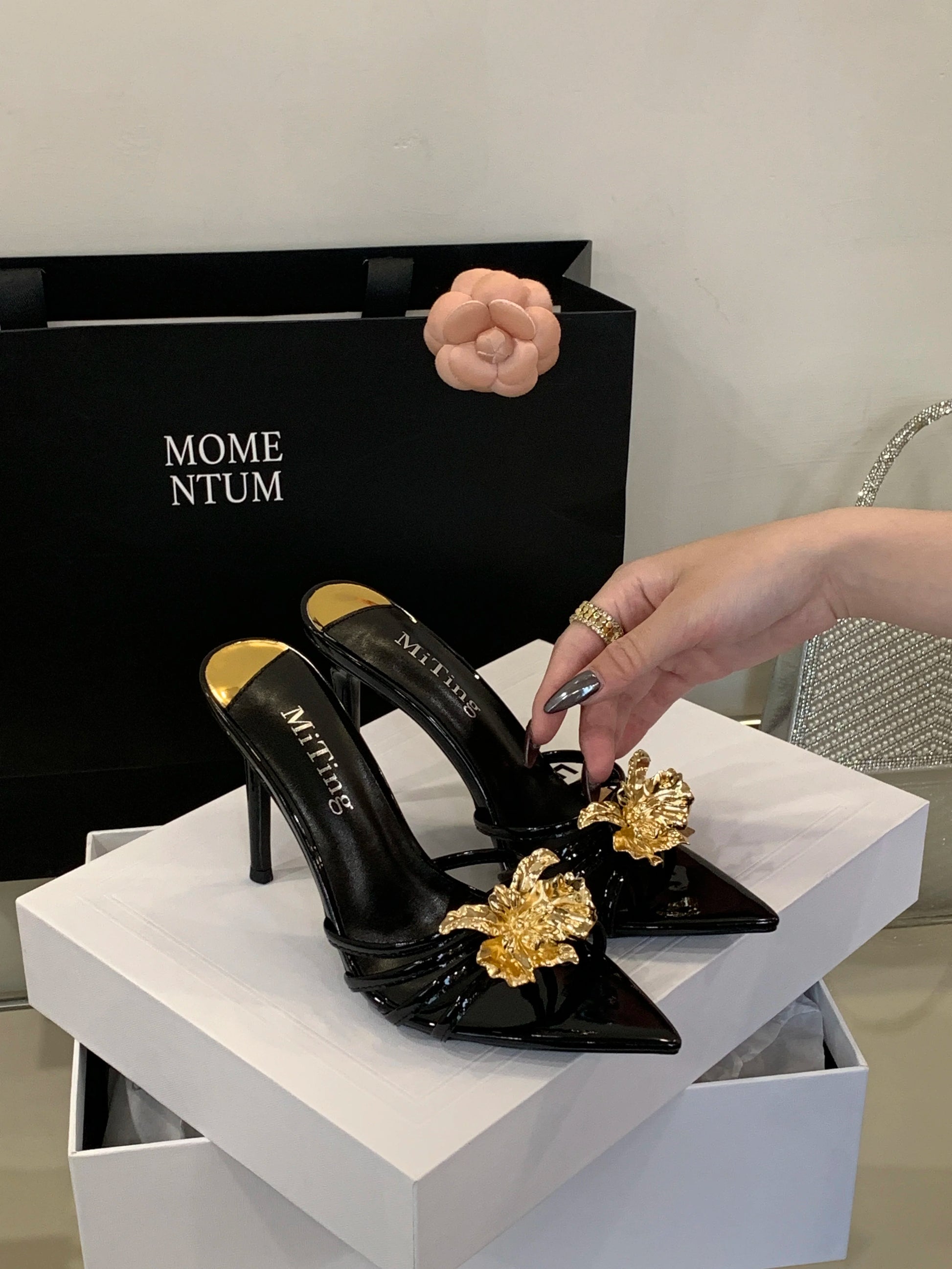 Metal look Flower Open Toe Mule High Heel Sandals