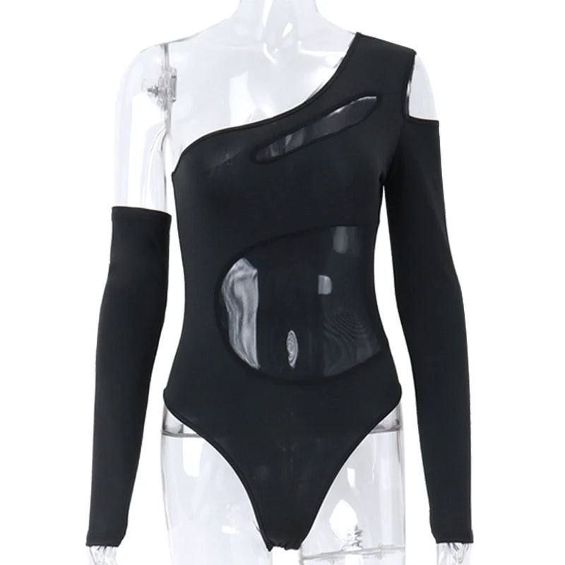 See Through Mesh one Shoulder Long Sleeve Bodysuit