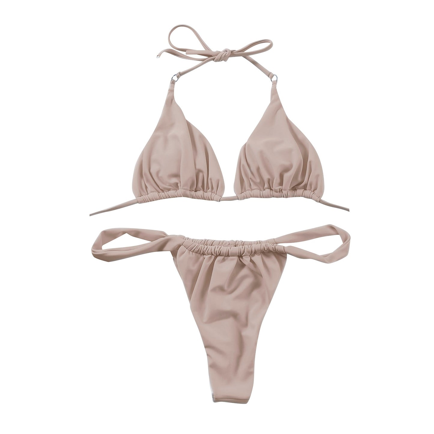 Women Solid Color Sexy High Leg Thong Swimwear Khaki M