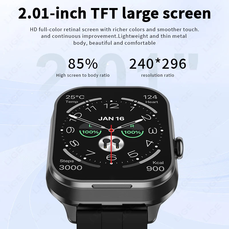 2.01 inch TWS 2-in-1 Earphones Bluetooth Call NFC Heart Rate Blood Pressure Health Monitor Music Smartwatch