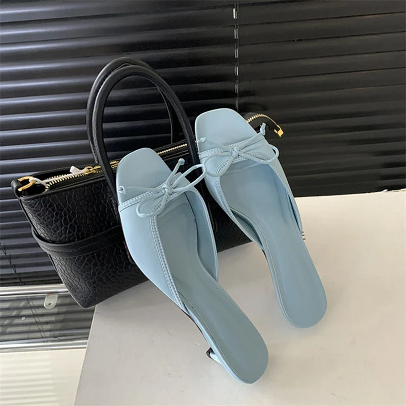 Butterfly-knot kitten heel Open Toe Mules Sandals LIGHT BLUE