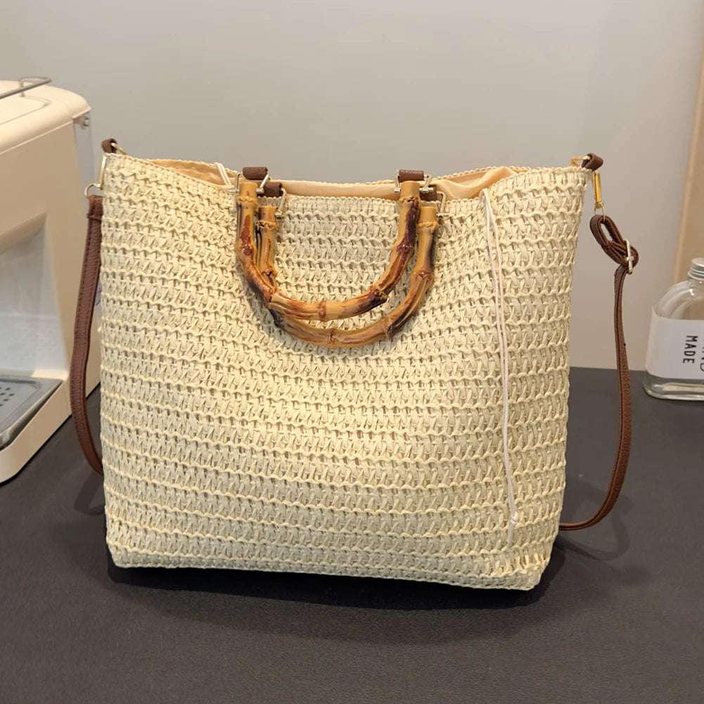 Straw Woven handbag with Bamboo style Handle