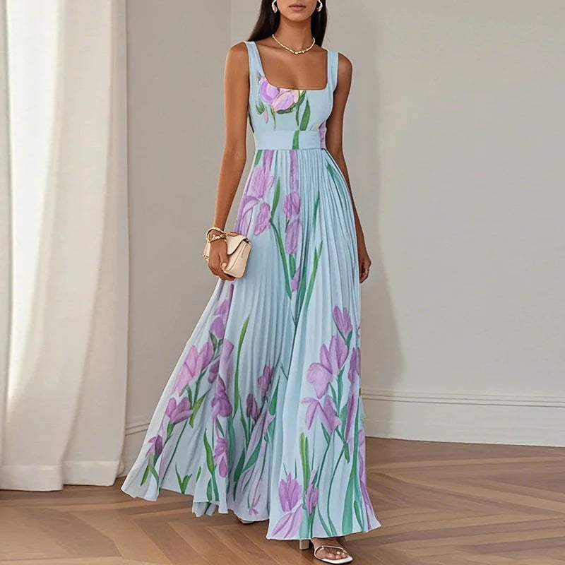 Square Collar sleeveless Floral Print maxi Dress