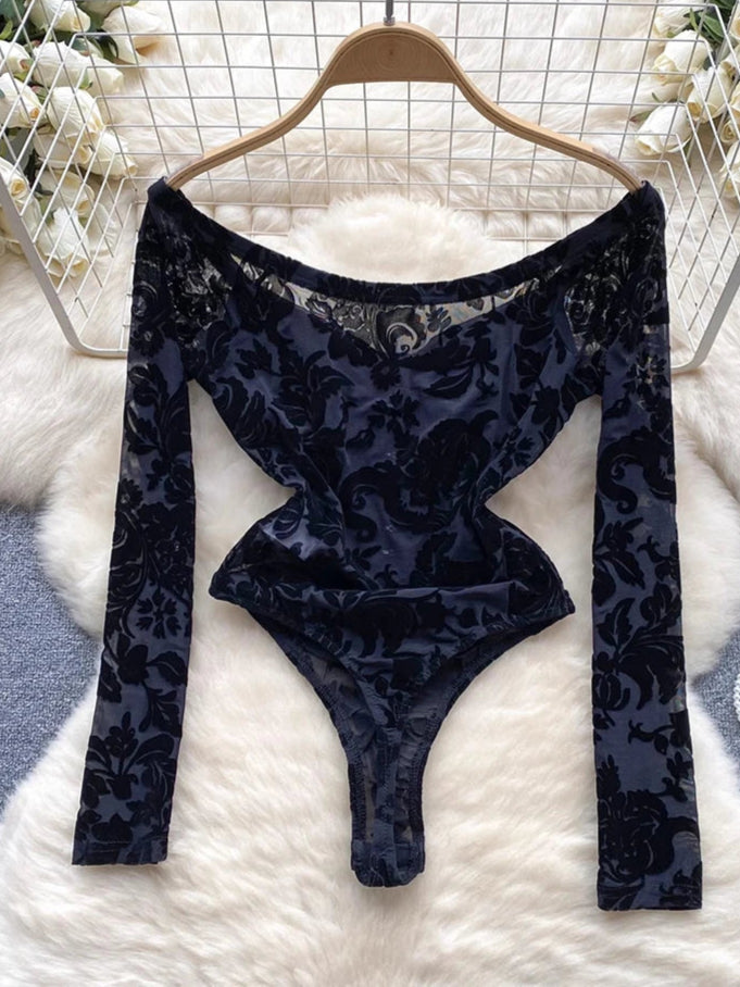 Sexy Lace Print Flock off Shoulder Long Sleeve body suit lingerie