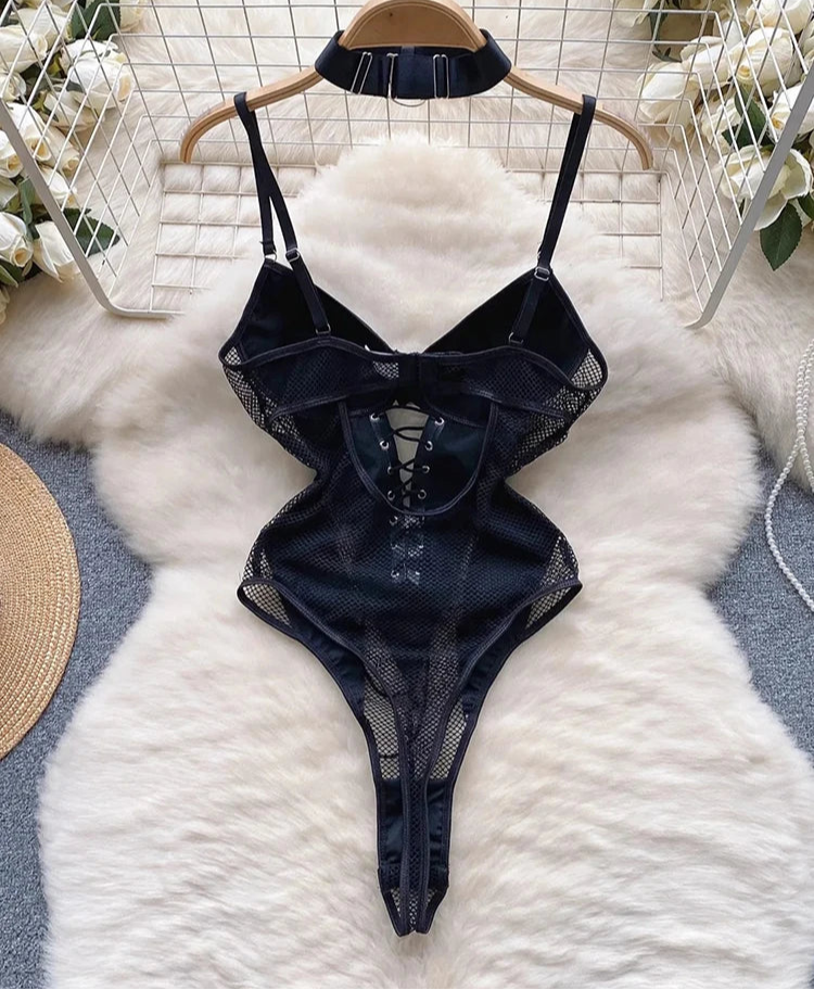 Lace-up PU Hollow One Piece Faux Leather body lingerie