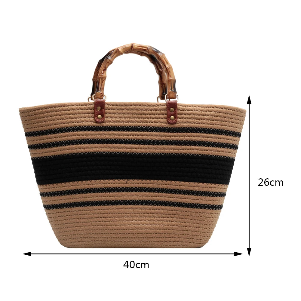 Woven tote Summer Beach Bag with Bamboo style Handle Style 6