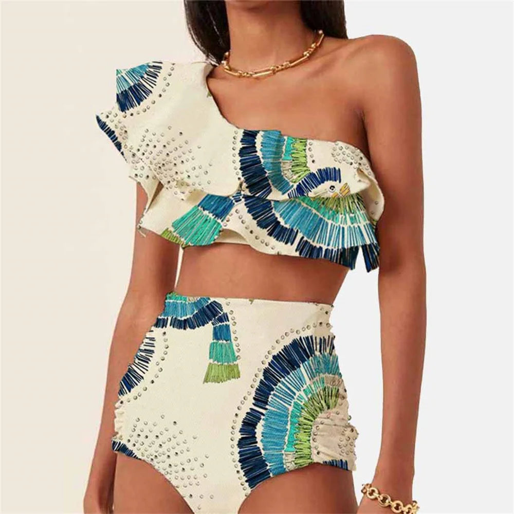 One Shoulder Bikini Women Ruffle Swimsuit 2325