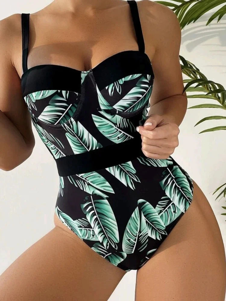 New Sexy belt leaf print Push Up Swimsuit green