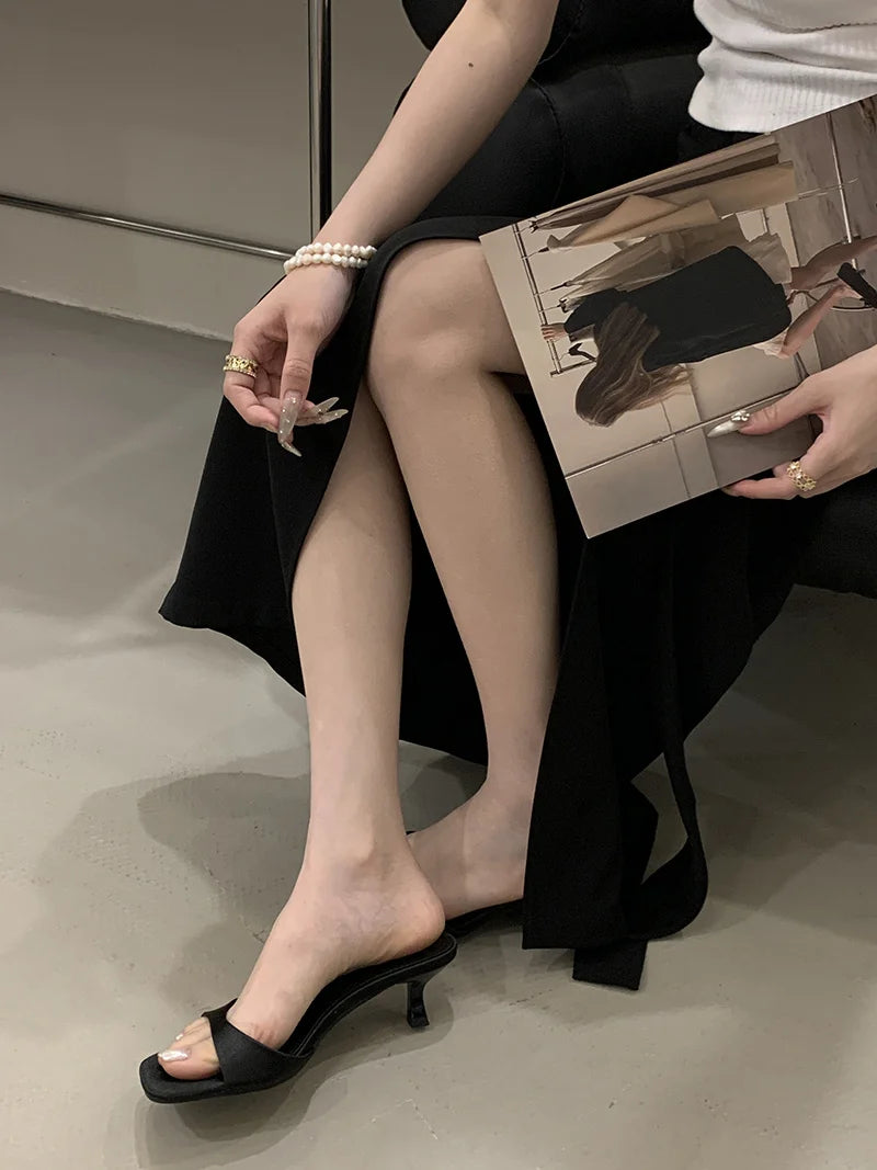 Satin Thin Low Heels Square Toe Mule Sandals