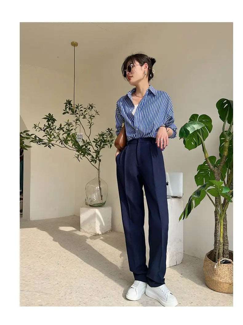 Blue Striped Chiffon Blouse Shirt for Women