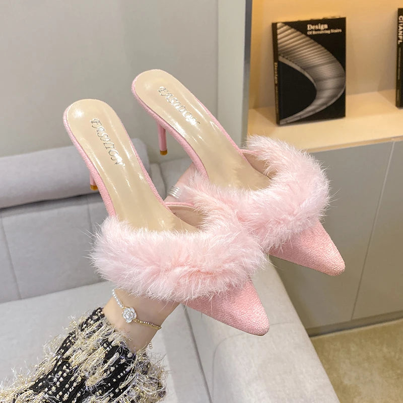 Kitten Heel with Fur Mules Shoes