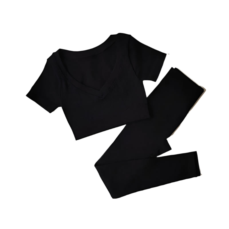Short Sleeve round neck crop bralette High Waist Leggings Gym Fitness Set