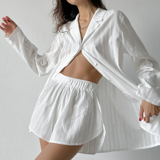 Long Sleeve Striped White Cotton Loungewear pyjama set WHITE
