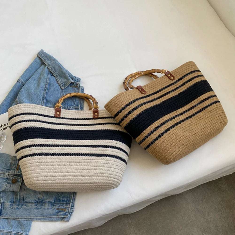 Woven tote Summer Beach Bag with Bamboo style Handle