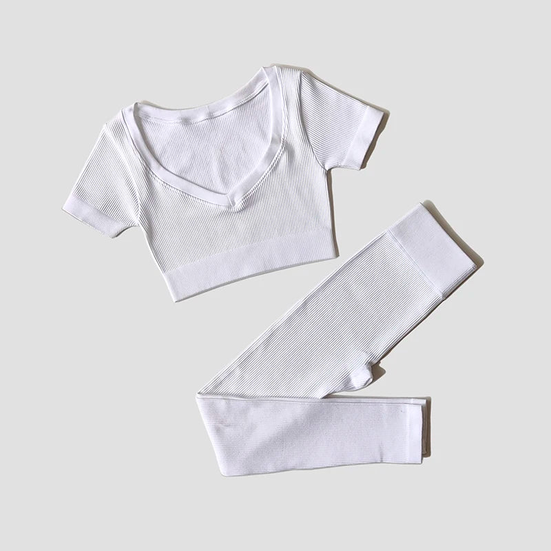 Short Sleeve round neck crop bralette High Waist Leggings Gym Fitness Set