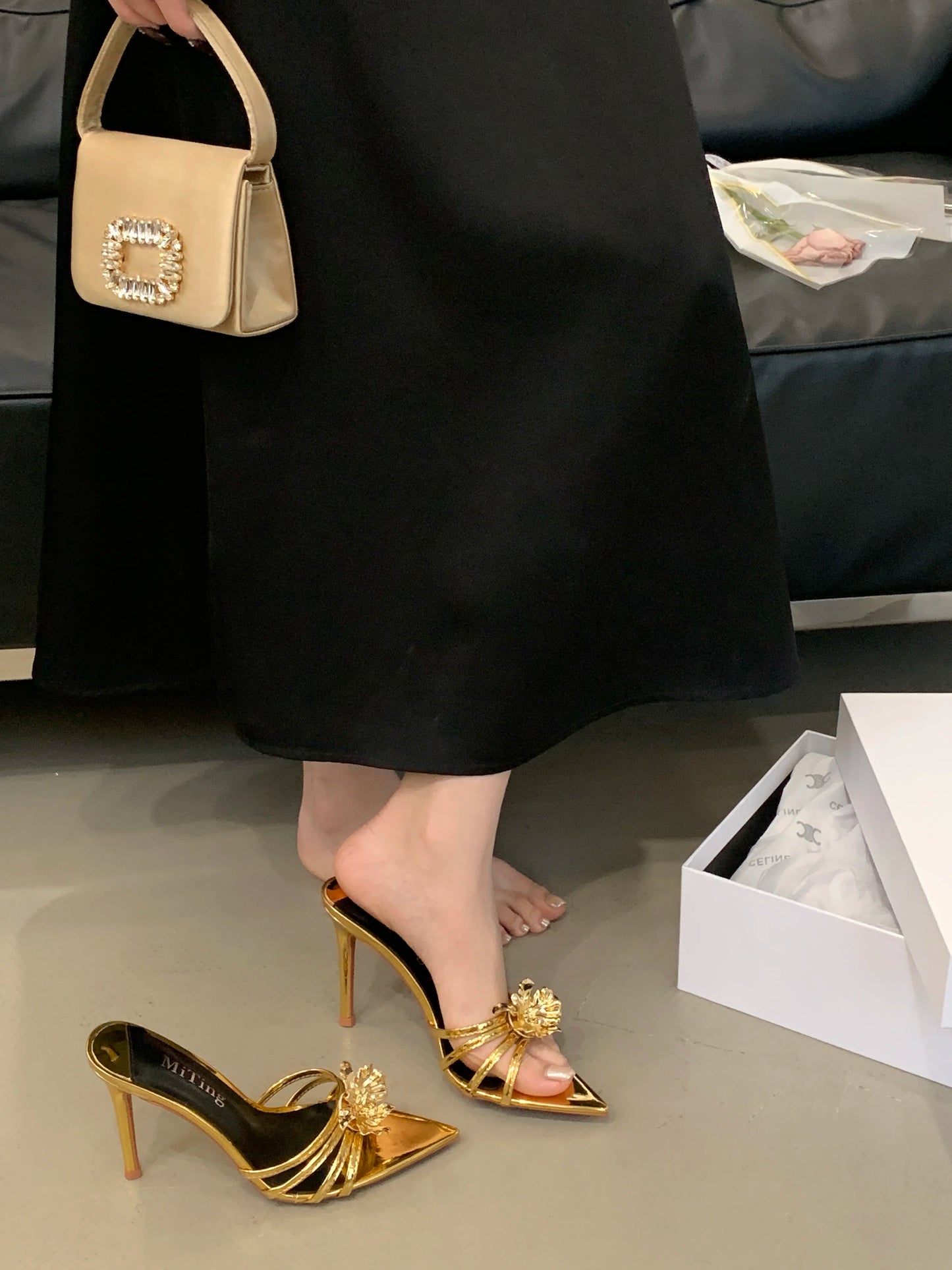 Metal look Flower Open Toe Mule High Heel Sandals