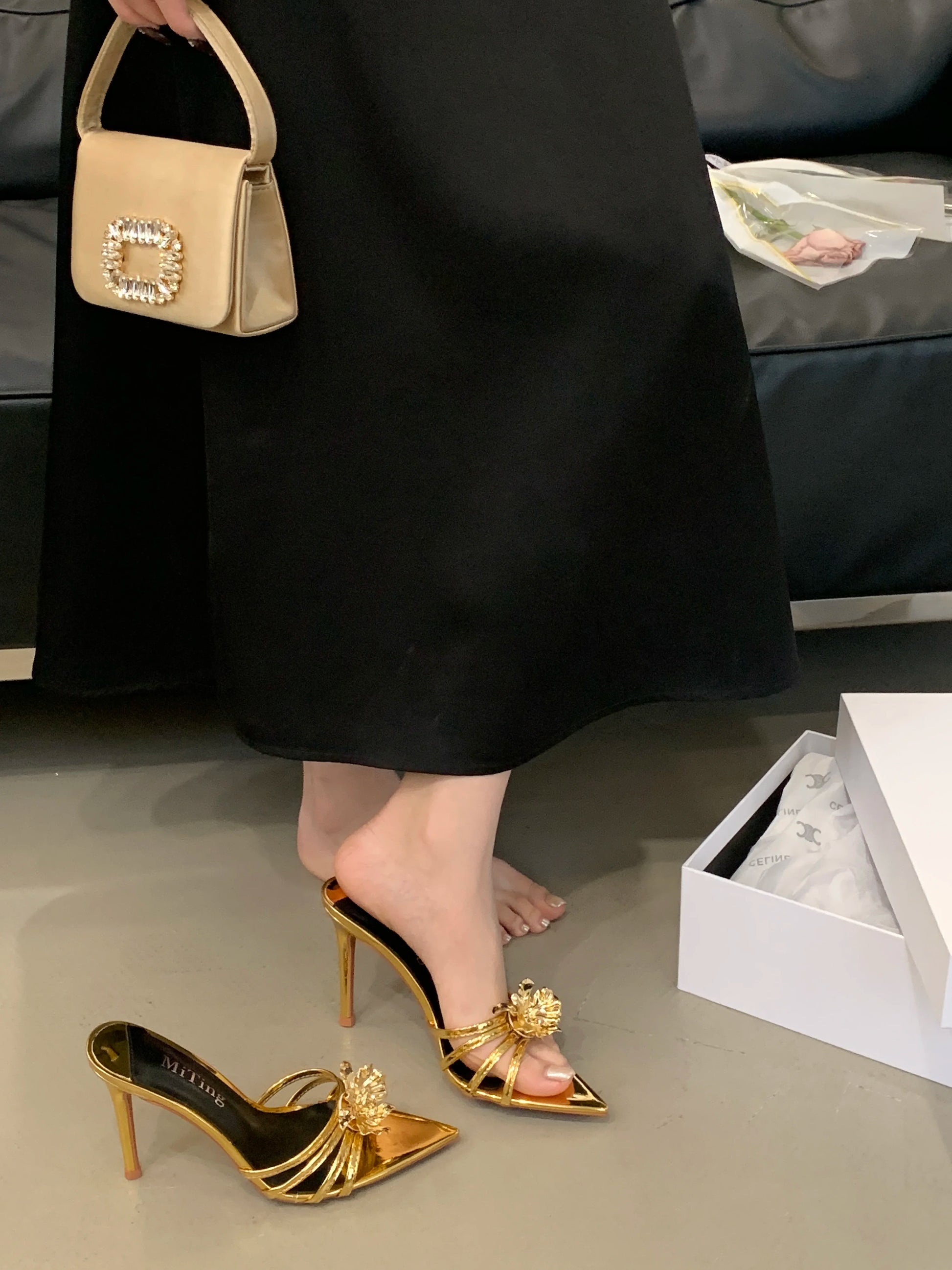 Metal look Flower Open Toe Mule High Heel Sandals