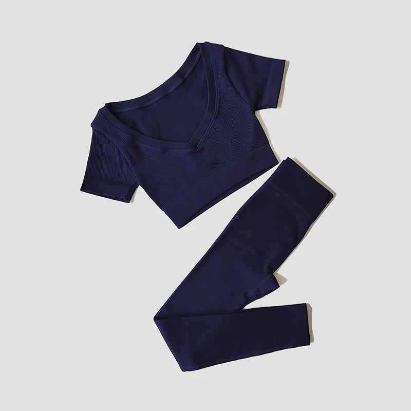 Short Sleeve round neck crop bralette High Waist Leggings Gym Fitness Set