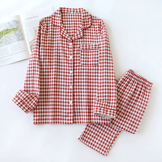 Checkered 100% Cotton Long Sleeved pyjama set Womens Red