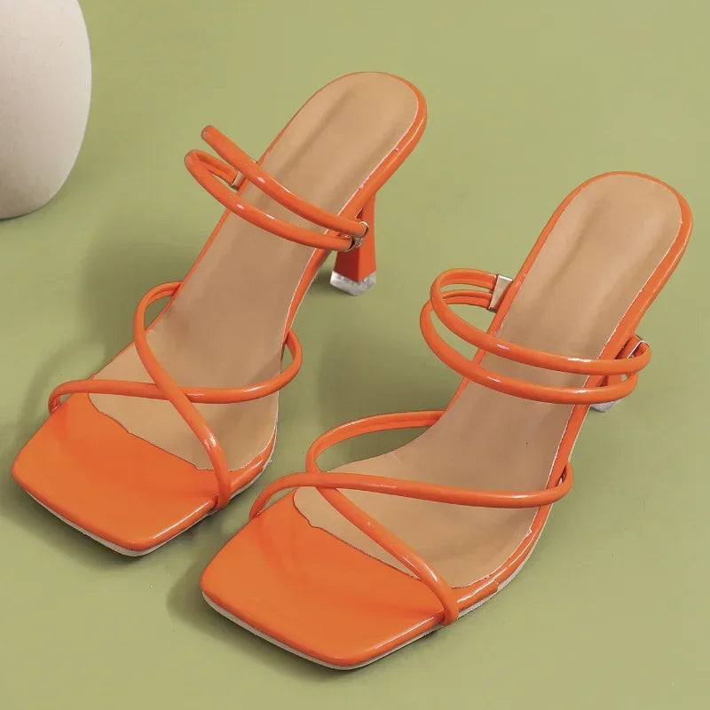 Square Toe cross strap High Heel sandals B-Orange
