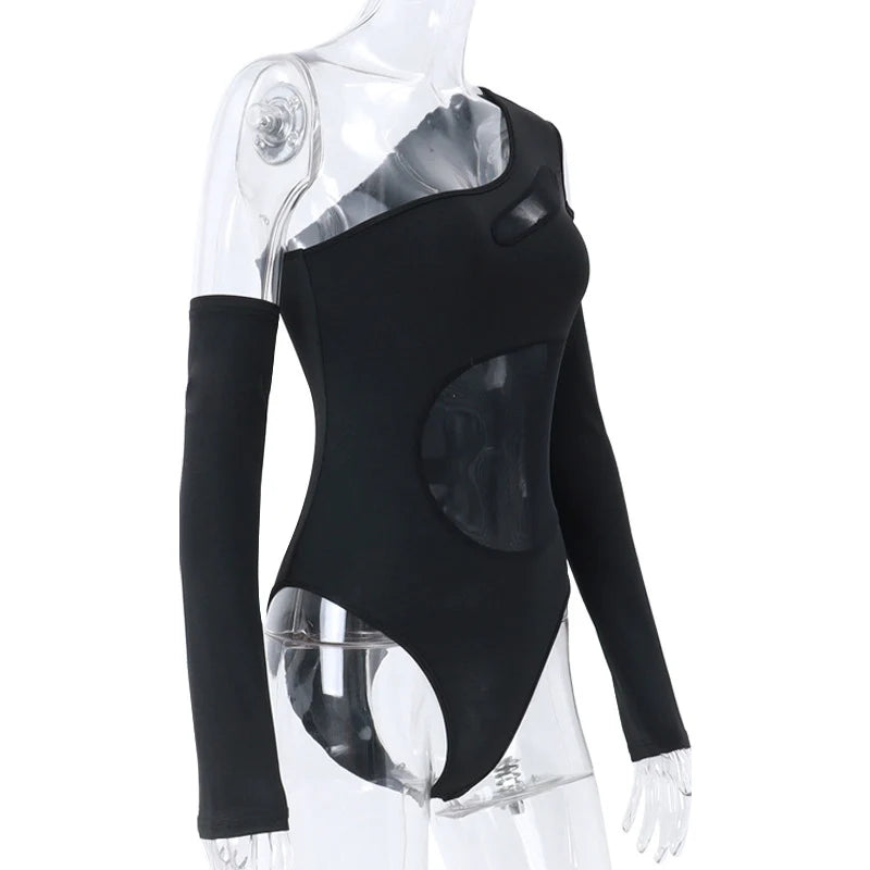 See Through Mesh one Shoulder Long Sleeve Bodysuit