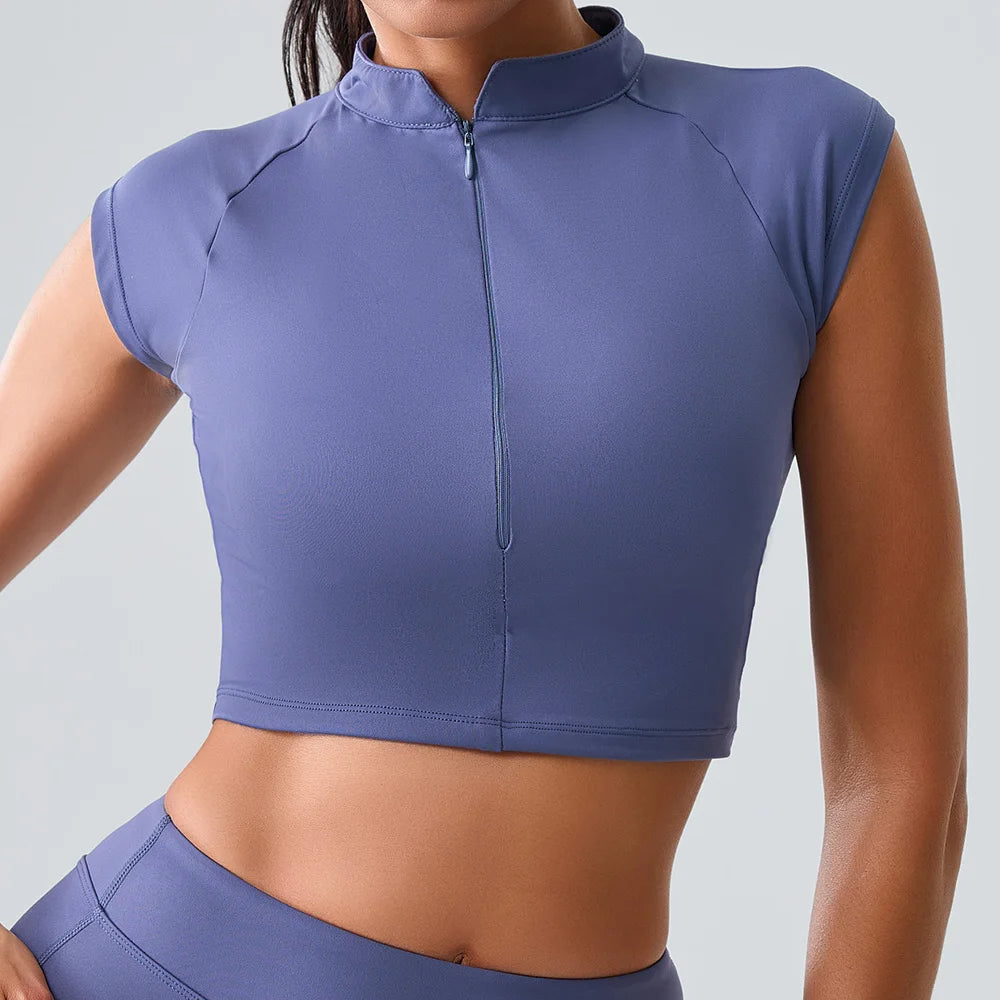 Zipper Short Sleeve Yoga gym Top Phantom blue