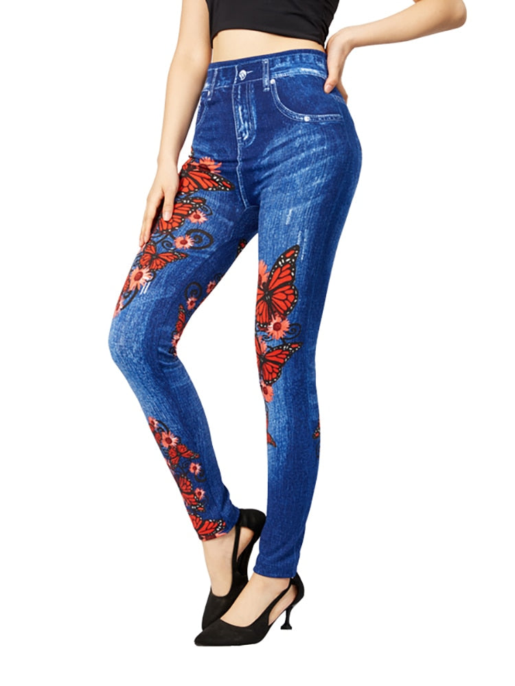Women Faux Denim Jeans PD414 Red Butterfly