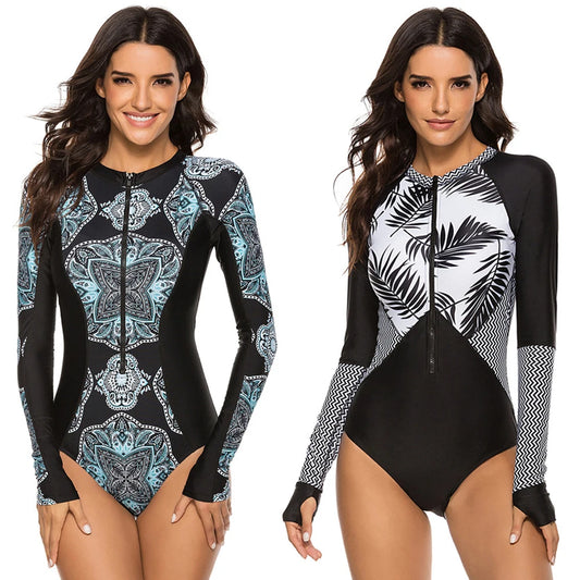 Women Print Zipper One Piece Swimsuit