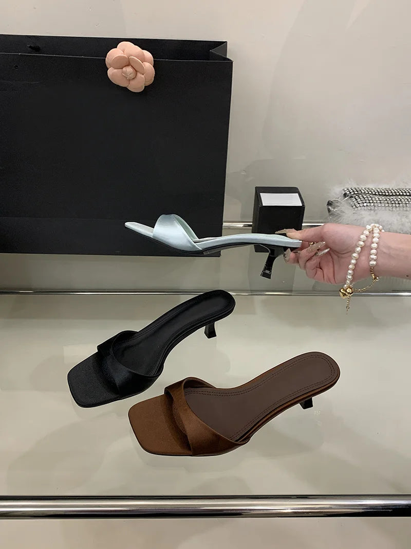 Satin Thin Low Heels Square Toe Mule Sandals