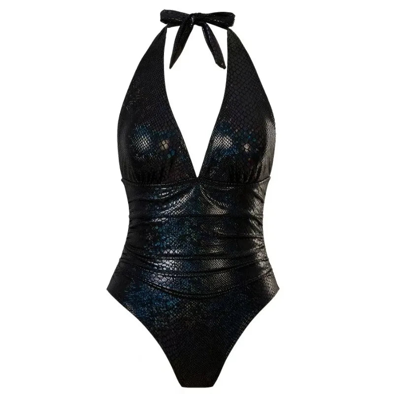 One Piece halter neck Snake Print black swimsuit black
