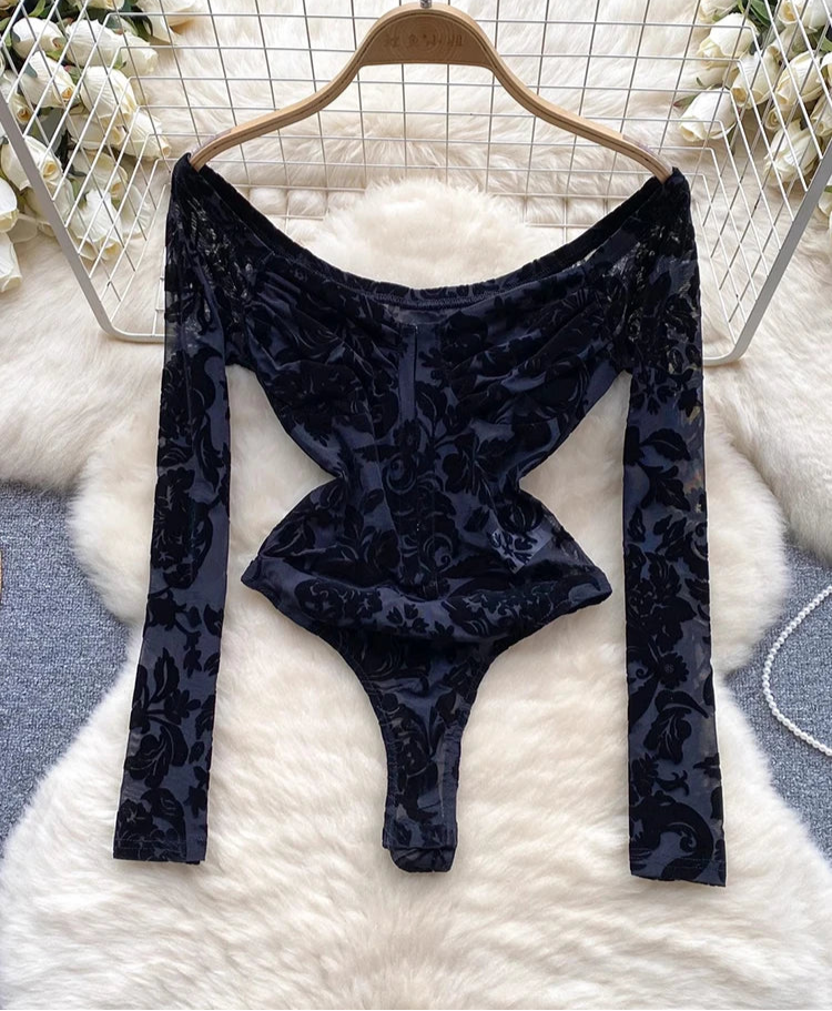 Sexy Lace Print Flock off Shoulder Long Sleeve body suit lingerie Black