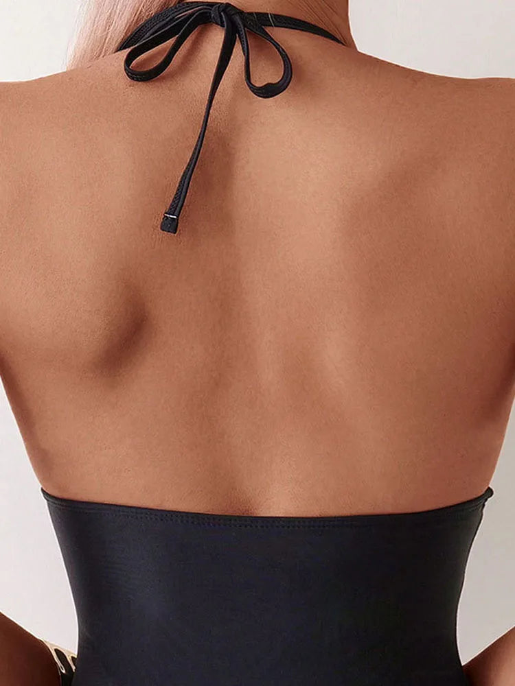 Halter neck mesh Patchwork One Piece Swimsuit