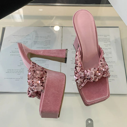 Women Sequin Square Toe Super High Heel Sandals