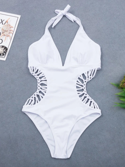 Sexy White Halter Cut Out Bandage Swimsuit