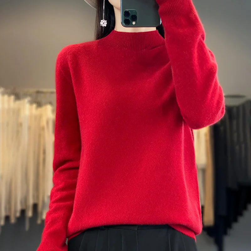 100% Merino Wool Sweater Women Knitwear Chery red CHINA