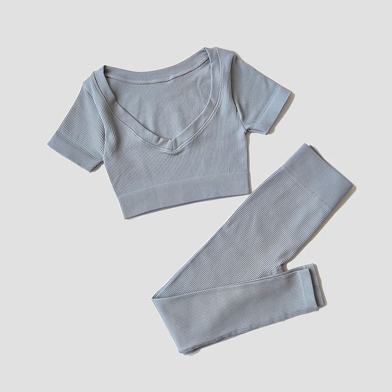 Short Sleeve round neck crop bralette High Waist Leggings Gym Fitness Set