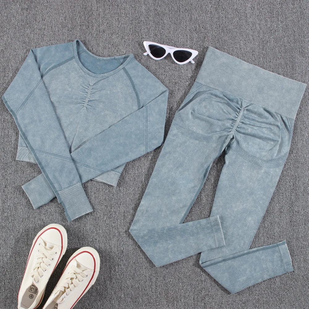 2 piece Gym Workout Yoga seamless high waist Set blue set