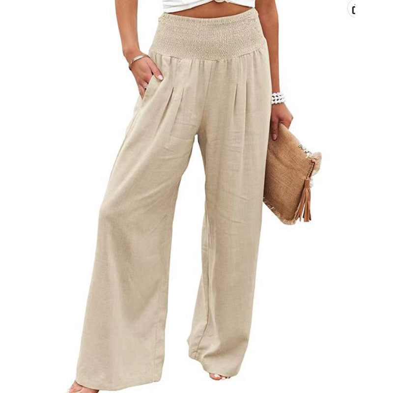 Women Cotton Linen Loose Wide Leg Pants Apricot