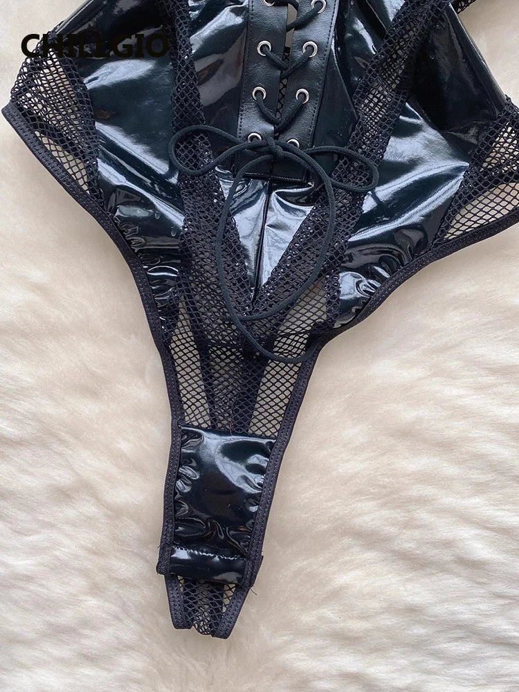 Lace-up PU Hollow One Piece Faux Leather body lingerie