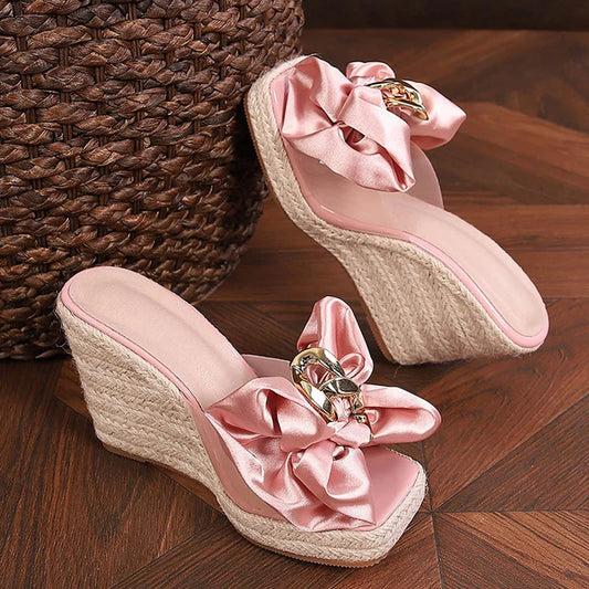 Fashion Pink metal detail-knot wedge Sandals
