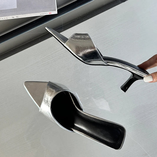 Fashion pointed sole high heel Slides Sandals Silver