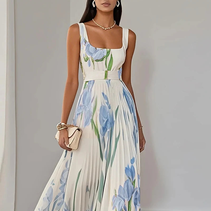 Square Collar sleeveless Floral Print maxi Dress