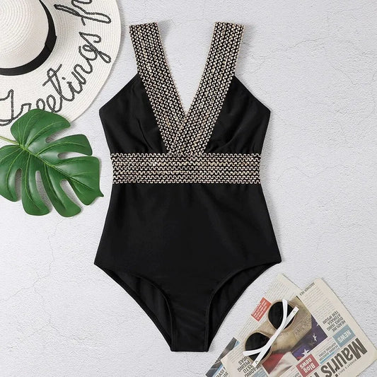 V-neck One Piece Black Sexy Swimwear black