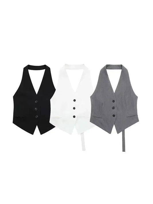 Backless Halter Neck Sleeveless Button-up Vest Top