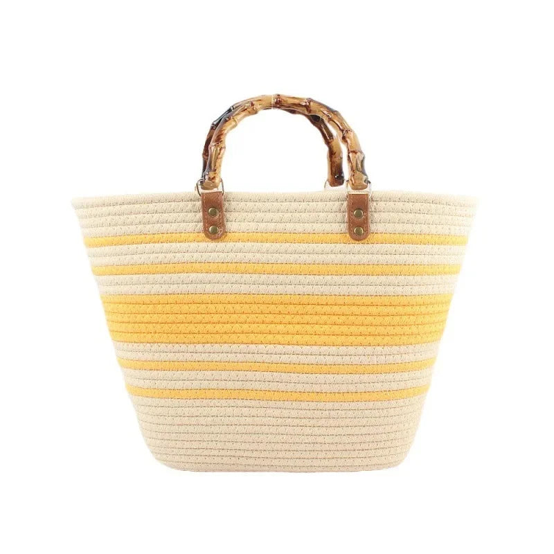 Cotton Rope Woven beach holiday Handbag Beige + yellow