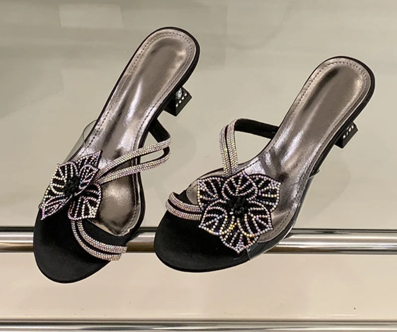 Fashion Rhinestone Flower high heel Sandals Black