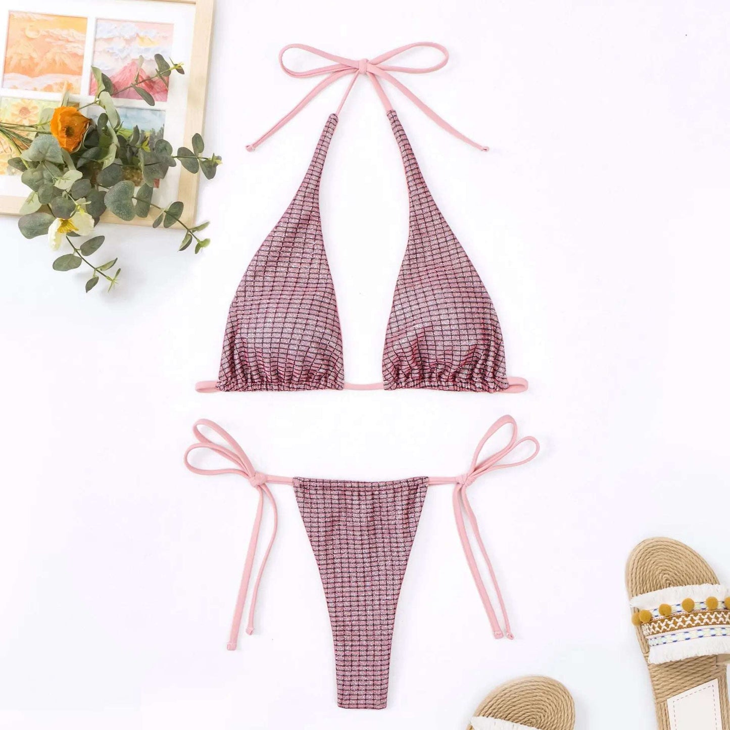 Sexy Halter neck metallic fabric Bikini Set pink